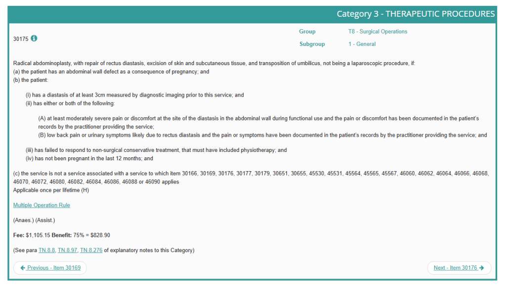 MBS item number 30175 for post pregnancy abdominoplasty