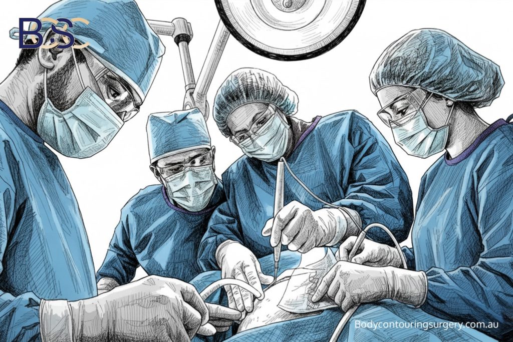 Surgeon performing Body contouring surgery including Fleur de abdominoplasty